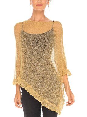Women's Nude Gold Knit Poncho Shrug Lightweight Asymmetrical Cover Up Tops